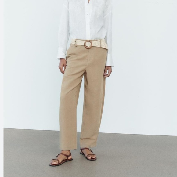 Zara Braided Belted Linen Blend Pants - Picture 1 of 9
